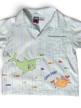 Vintage Baby Q Shark & Crab Embroidered Striped Resort Shirt Pastel Vacation
